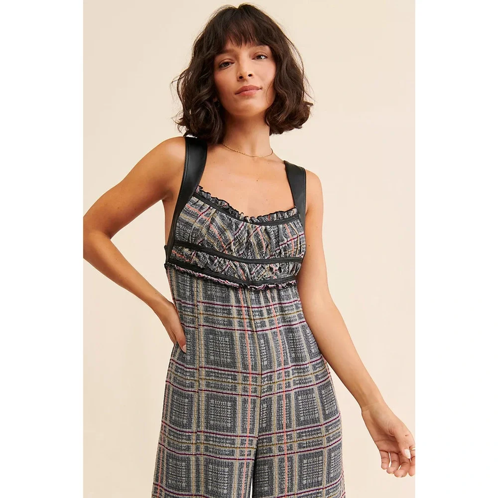New Free People Marley Plaid One-Piece Wide Leg Jumpsuit $188 X-SMALL